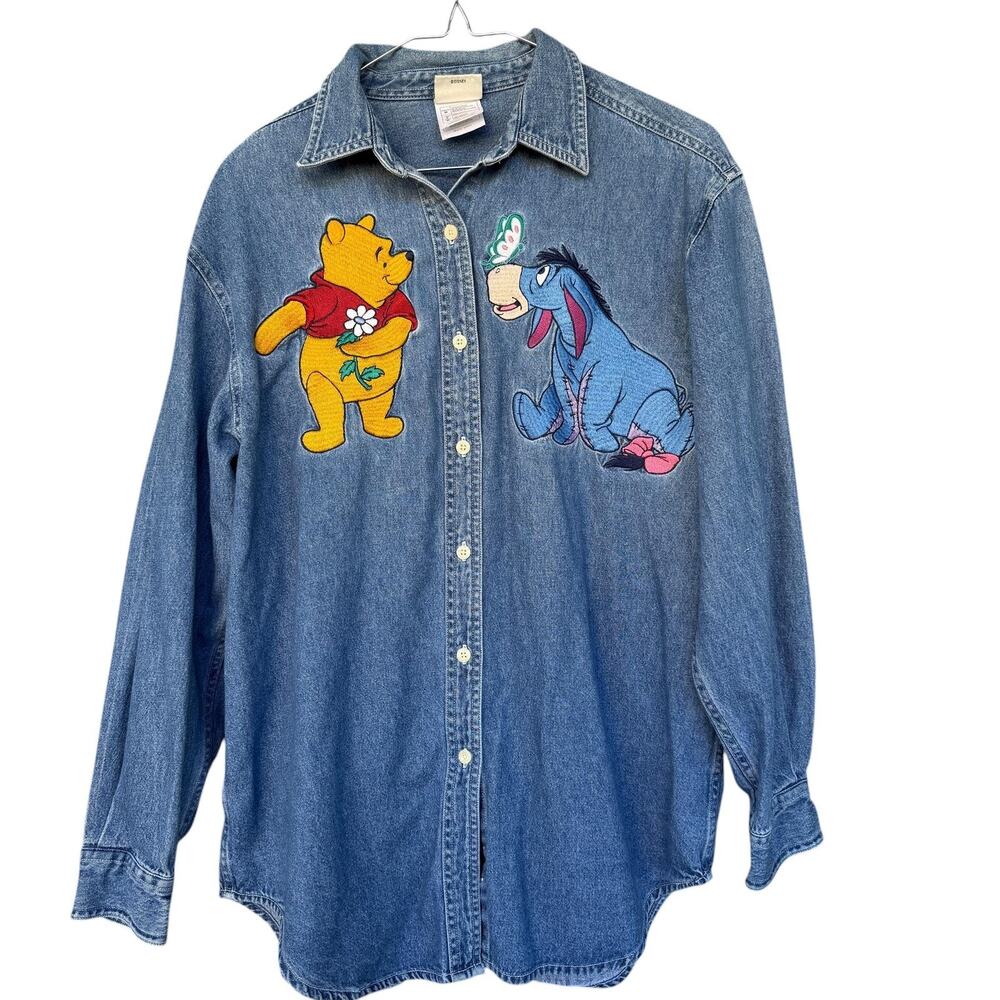 Vintage Disney Denim Shirt Womens‎ Medium Winnie the Pooh Eeyore Embroidered 90s